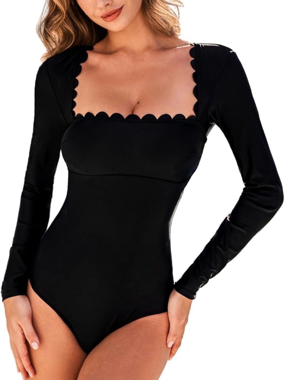 🩱CUPSHE Women's Long Sleeve One Piece Swimsuit Bodysuit w/ Scalloped Square Neck